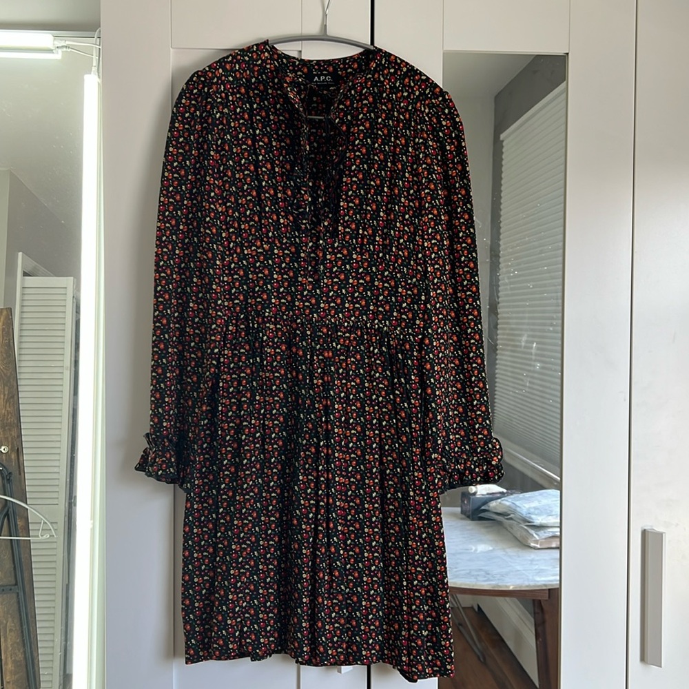 A.P.C. Cherry Print Ruffle Neckline Dress